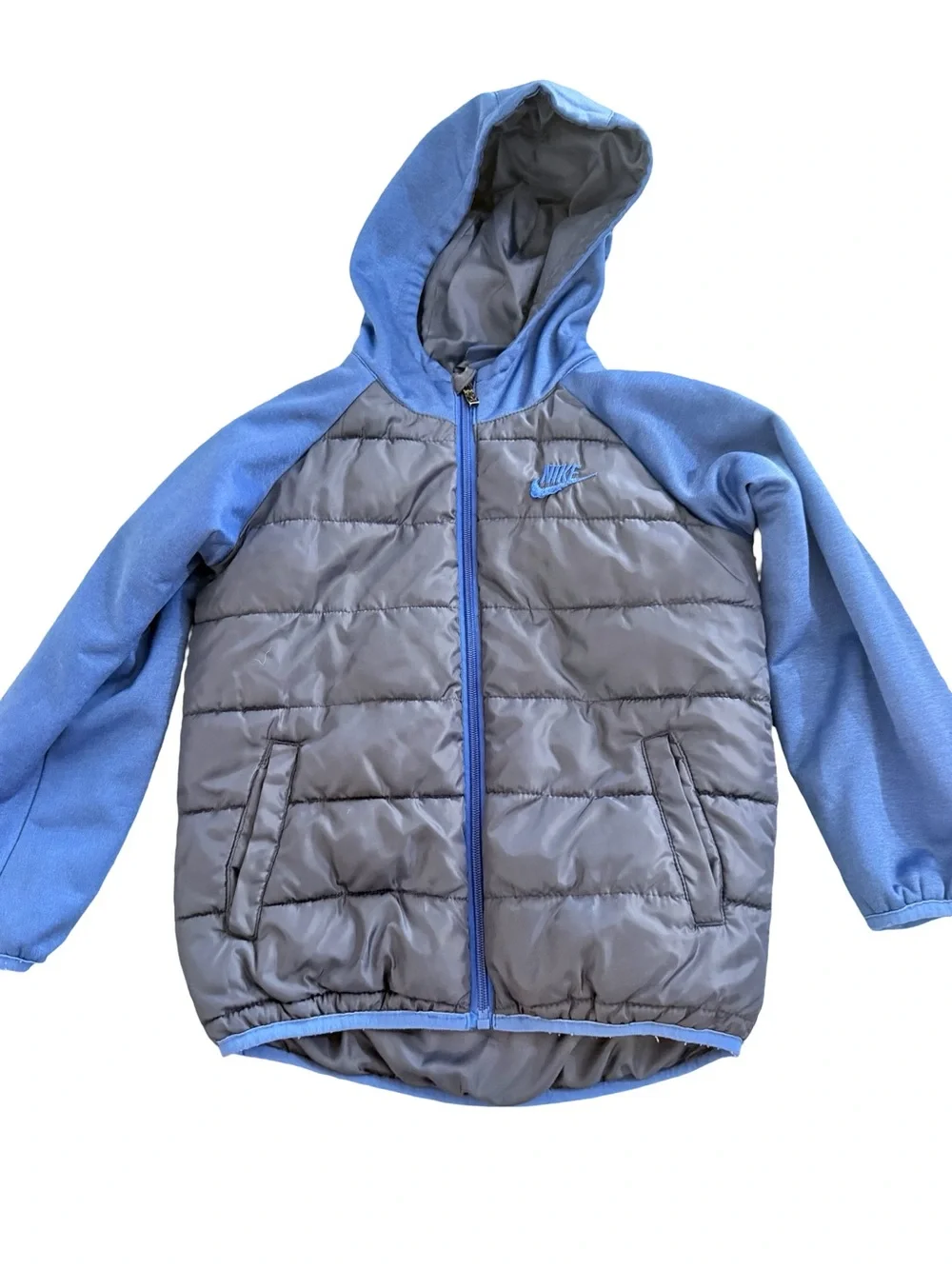 Nike Kids Blue & Gray Hooded Puffer Jacket with Fleece Sleeves